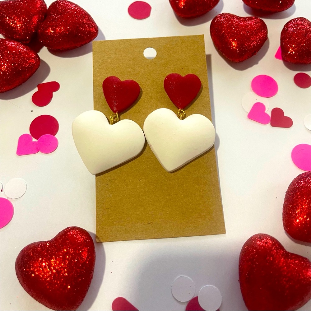 Valentine’s Day Earrings | Double Hearts | Polymer Clay Earrings❤️🤍